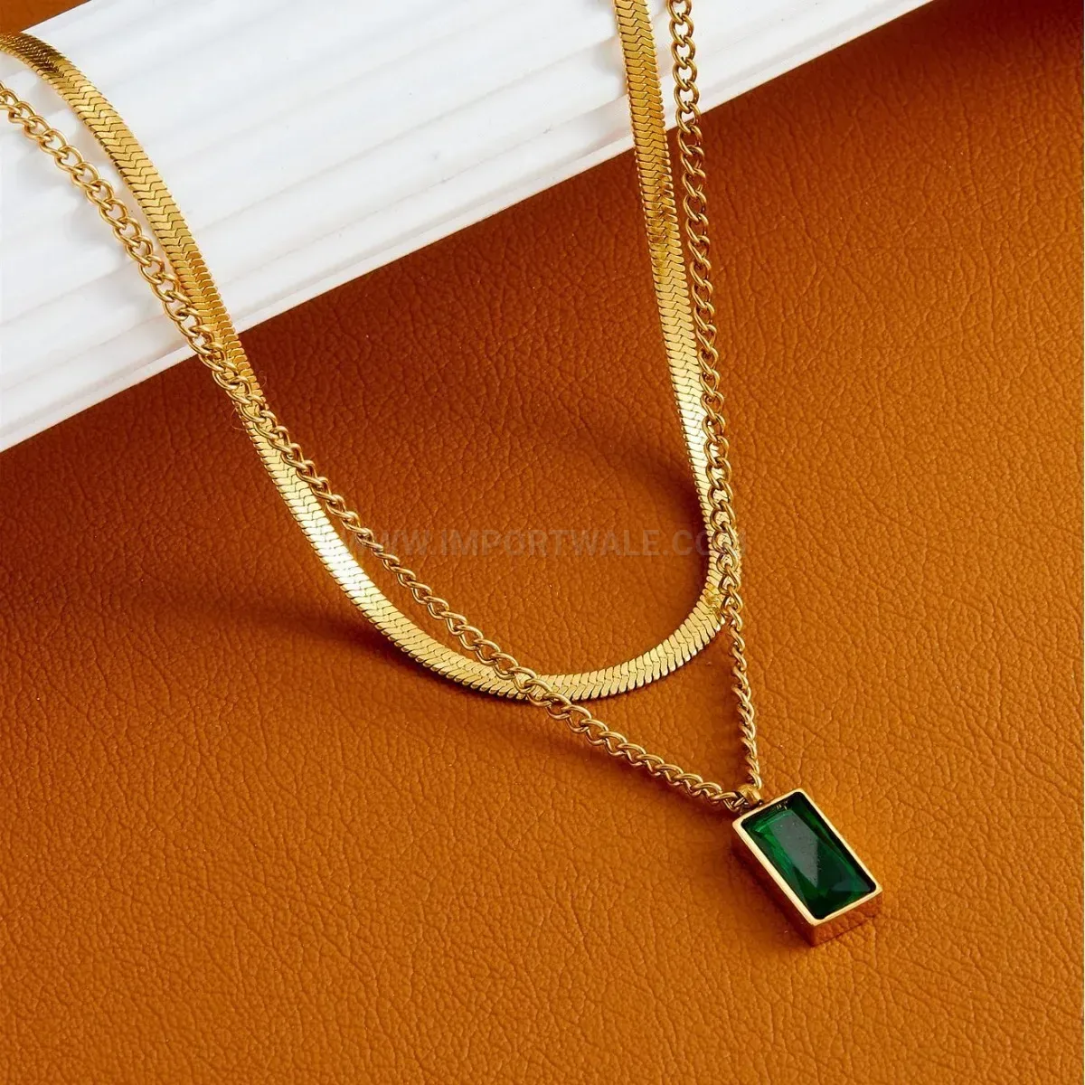 Modern Gold Titanium Steel Layered Snake Chain with Green Cubic Zirconia
