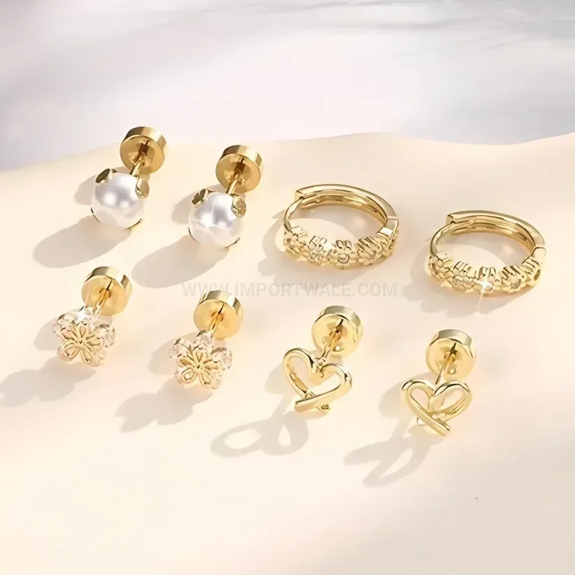 Bold Playful Gold Floral Strawberry Rainbow Stainless Steel Stud Earring Set