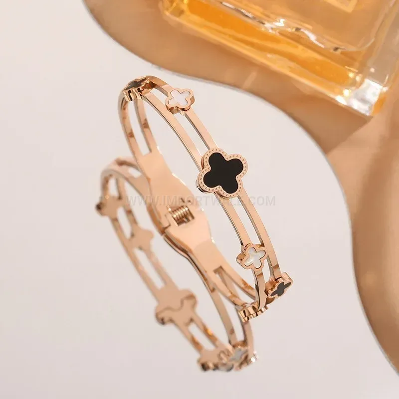 Elegant Shell Four Leaf Clover Geometric Titanium Steel Bangle Bracelet