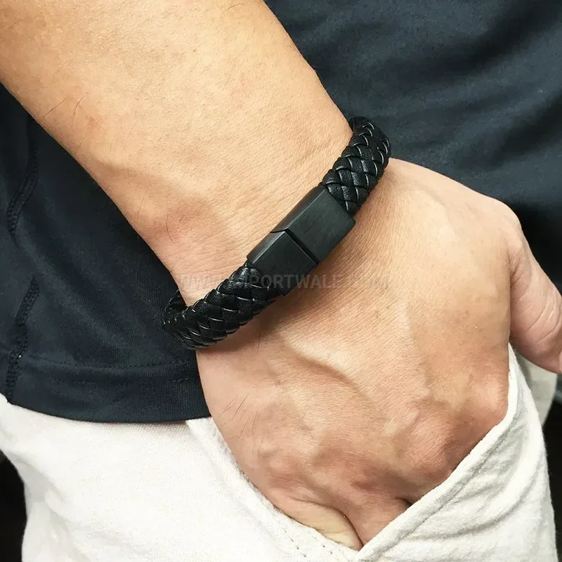 Brushed Stainless Steel Magnetic Braided Leather Bracelet