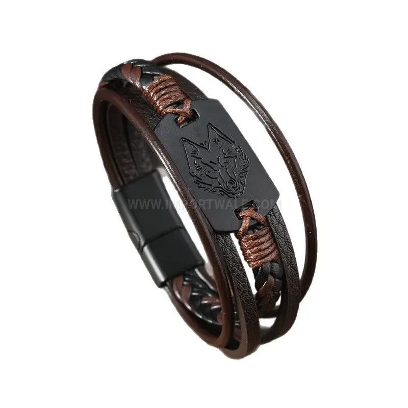 Chic Embossed Wolf Pattern Leather Cuff with Alloy Magnetic Lock