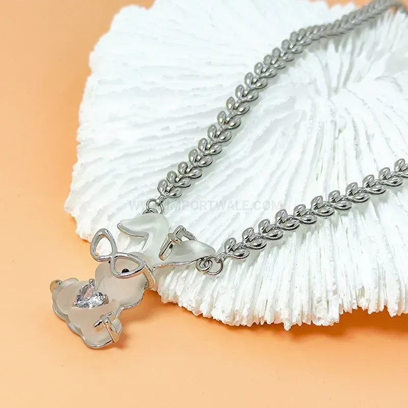 Modern Silver Stainless Steel Frosted Rabbit Heart Pendant Necklace