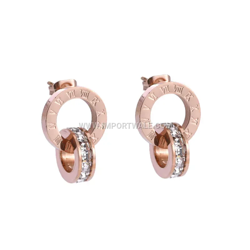 Zircon Accent Roman Numeral Double Ring Titanium Steel Stud Earrings