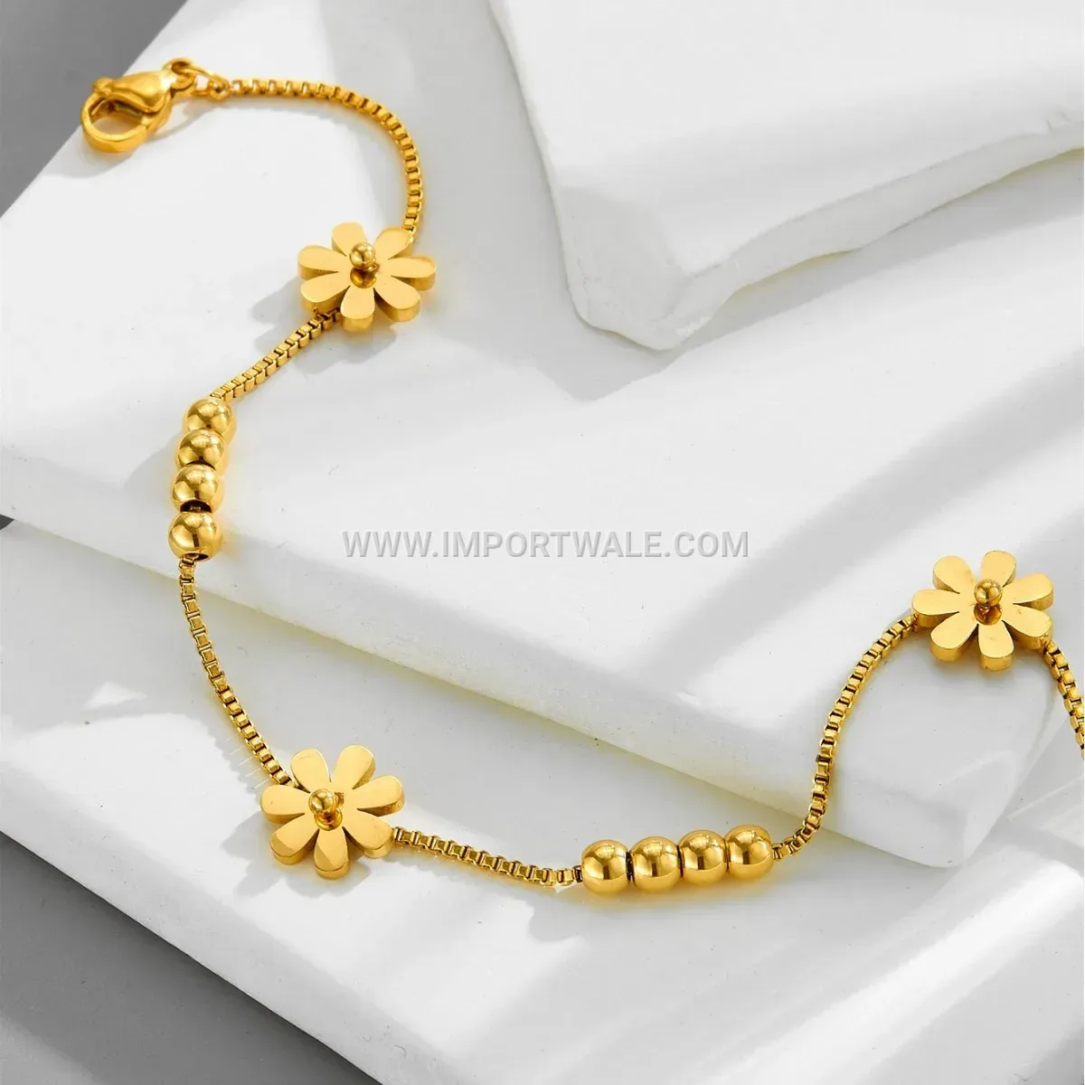 Delicate Daisy Bead Accent Gold Toned Premium Anklet Anti Tarnish