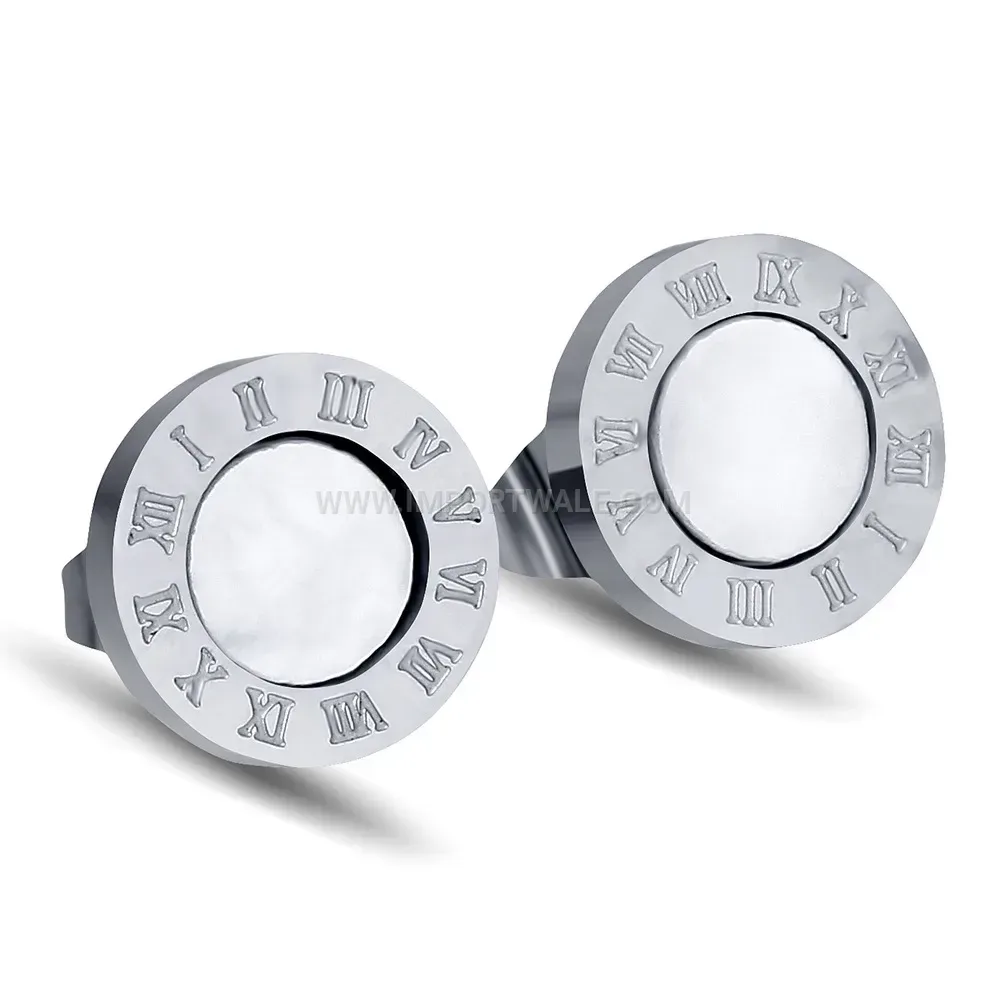 Stainless Steel Roman Numeral Round Stud Earrings with Shell Accent