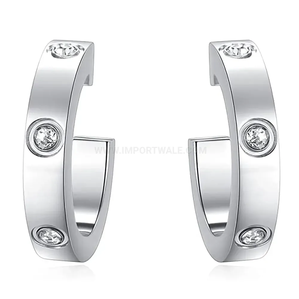Bold Rhinestone Accent U-Shaped Stainless Steel Hoop Earrings