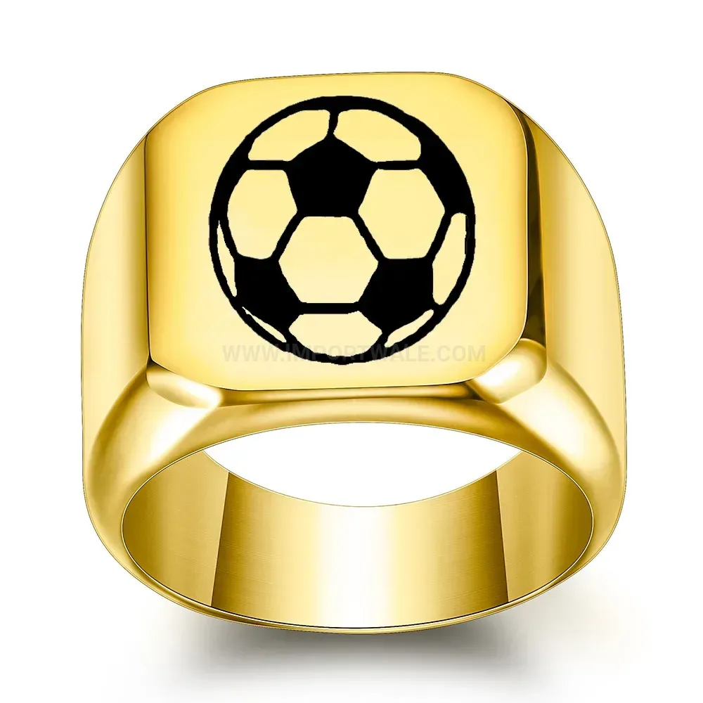Bold Square Laser Engraved Soccer Motif Stainless Steel Ring