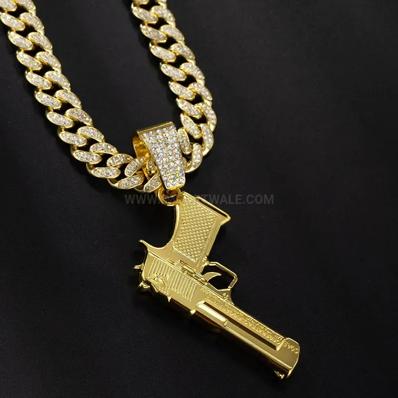 Classic Rhinestone Handgun Pendant Thick Cuban Link Chain