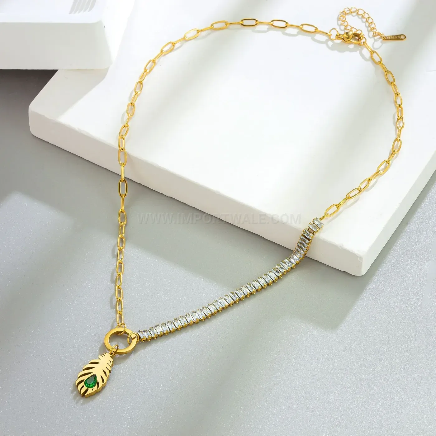 Trendy Gold Plated Feather Pendant Necklace with Green Crystal Accent