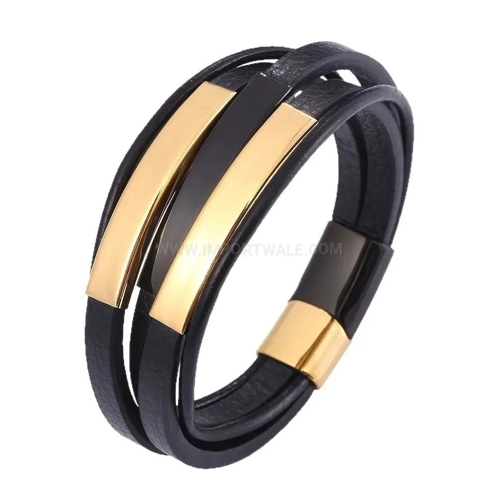 Multi-Layer Black Leather Bracelet with Polished Stainless Steel Clasp