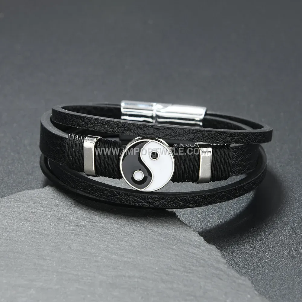 Tai Chi Enamel Leather Coded Wrap Bracelet