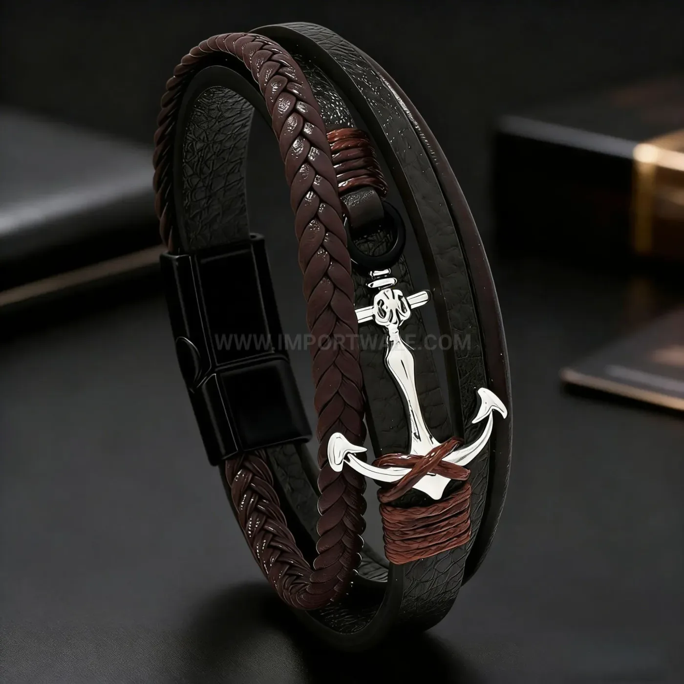Designer Multi Strand Leather Anchor Bracelet with Automatic Magnetic Clasp