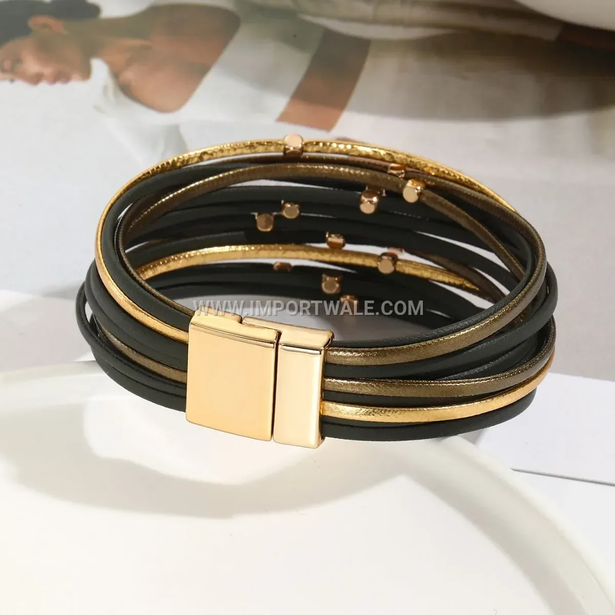 Vintage Metallic Bead Multi Layer PU Leather Bracelet