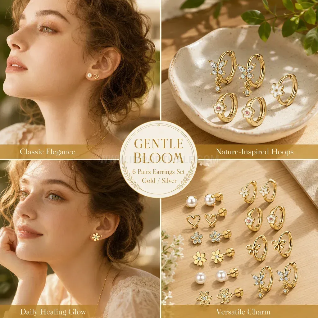 Bold Stainless Steel Floral Butterfly and Heart Stud Piercing Set