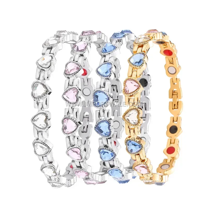 Heart-Charmed Stainless Steel Magnetic Bracelet with Crystal Accents