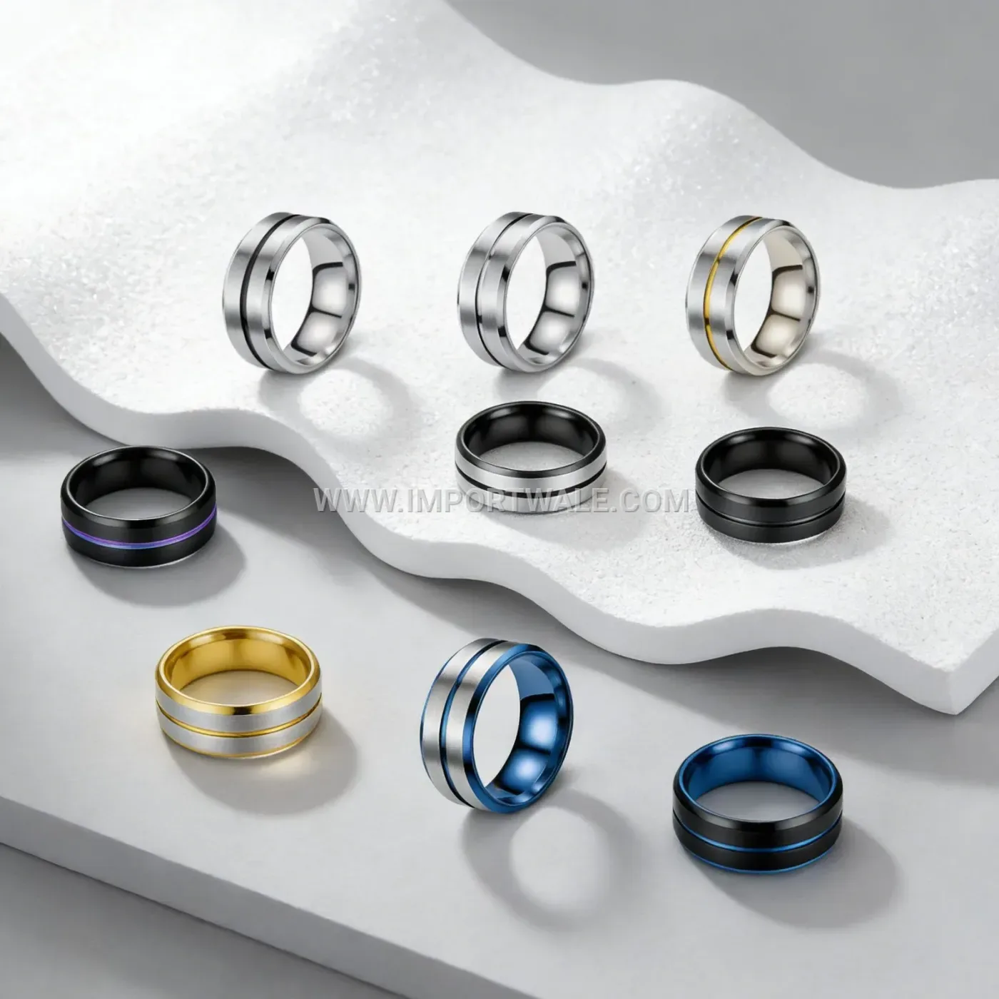 Multicolor Geometric Stainless Steel Band Ring Set
