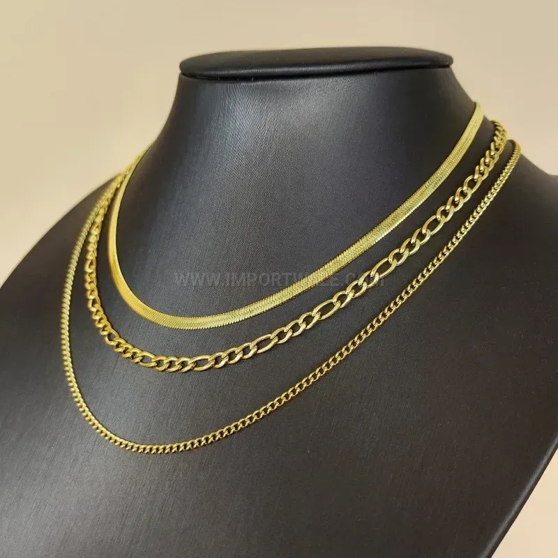 Modern Triple Layer Gold Titanium Steel Figaro Chain Necklace