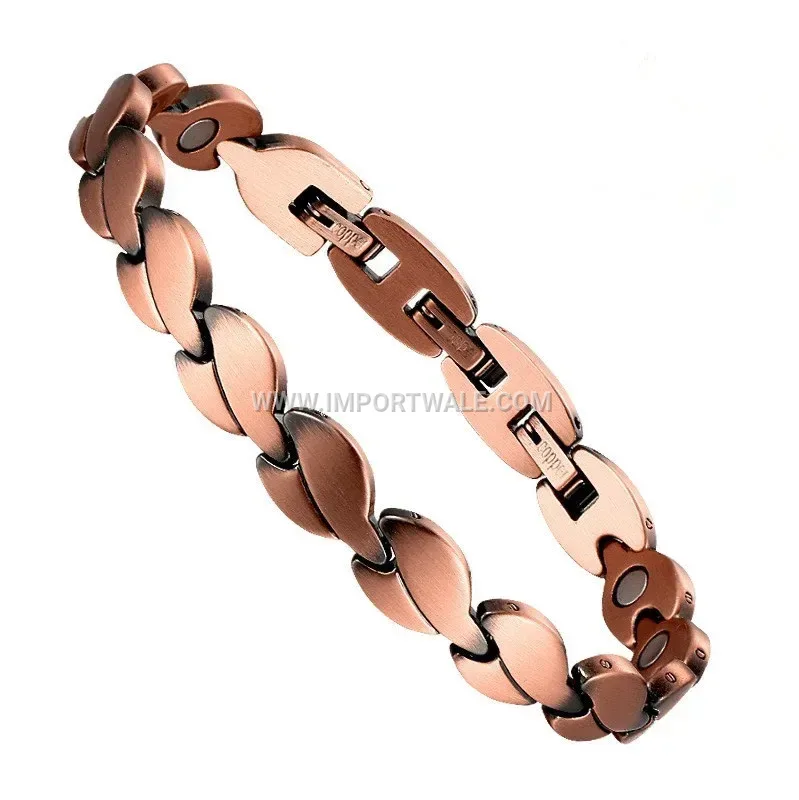 Two-Tone Stainless Steel Leaf Motif Magnetic Energy Bracelet