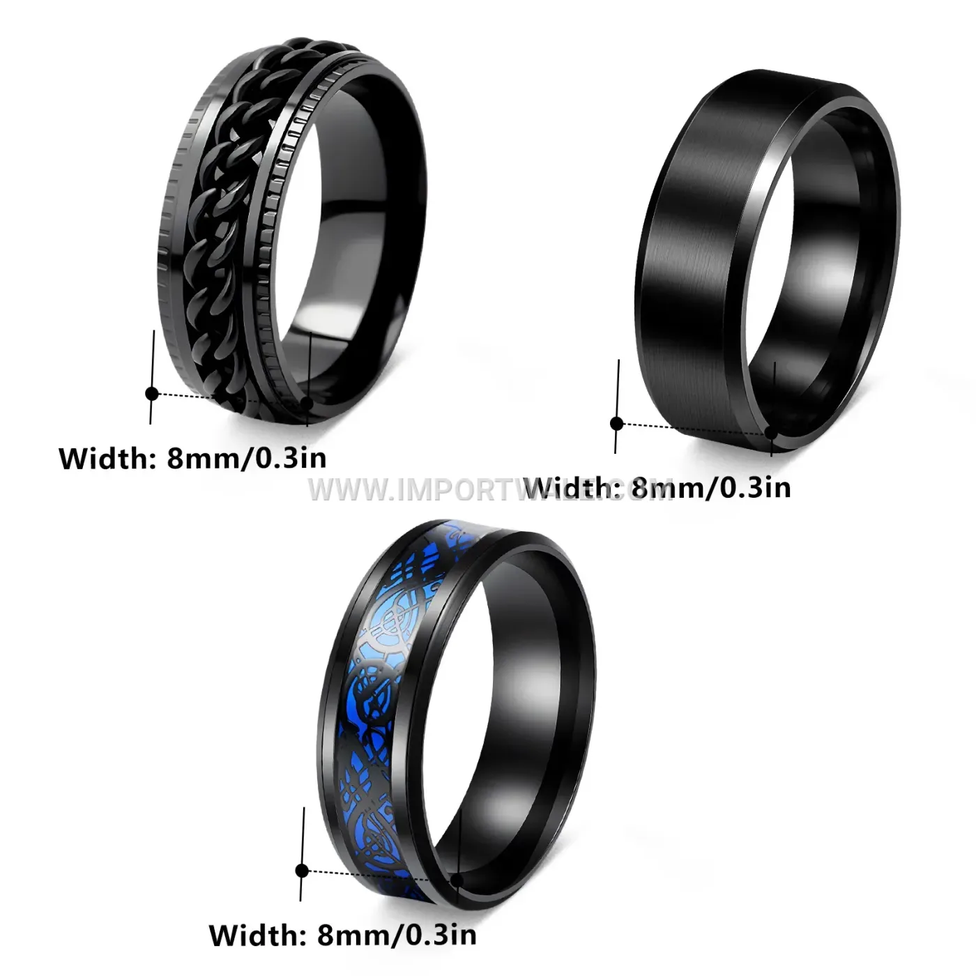 Black Spinner Chain Stainless Steel Geometric Ring Set