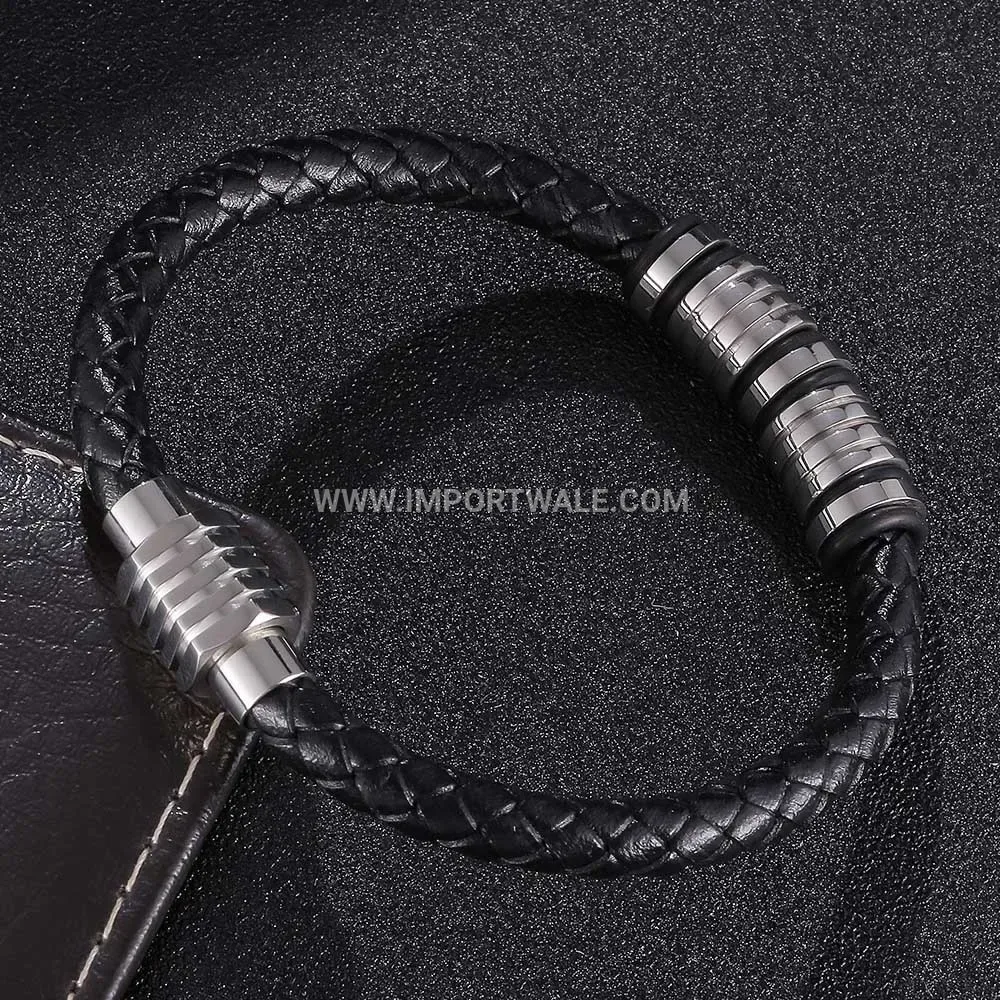 Minimalist Woven Leather and Stainless Steel Beaded Wristband