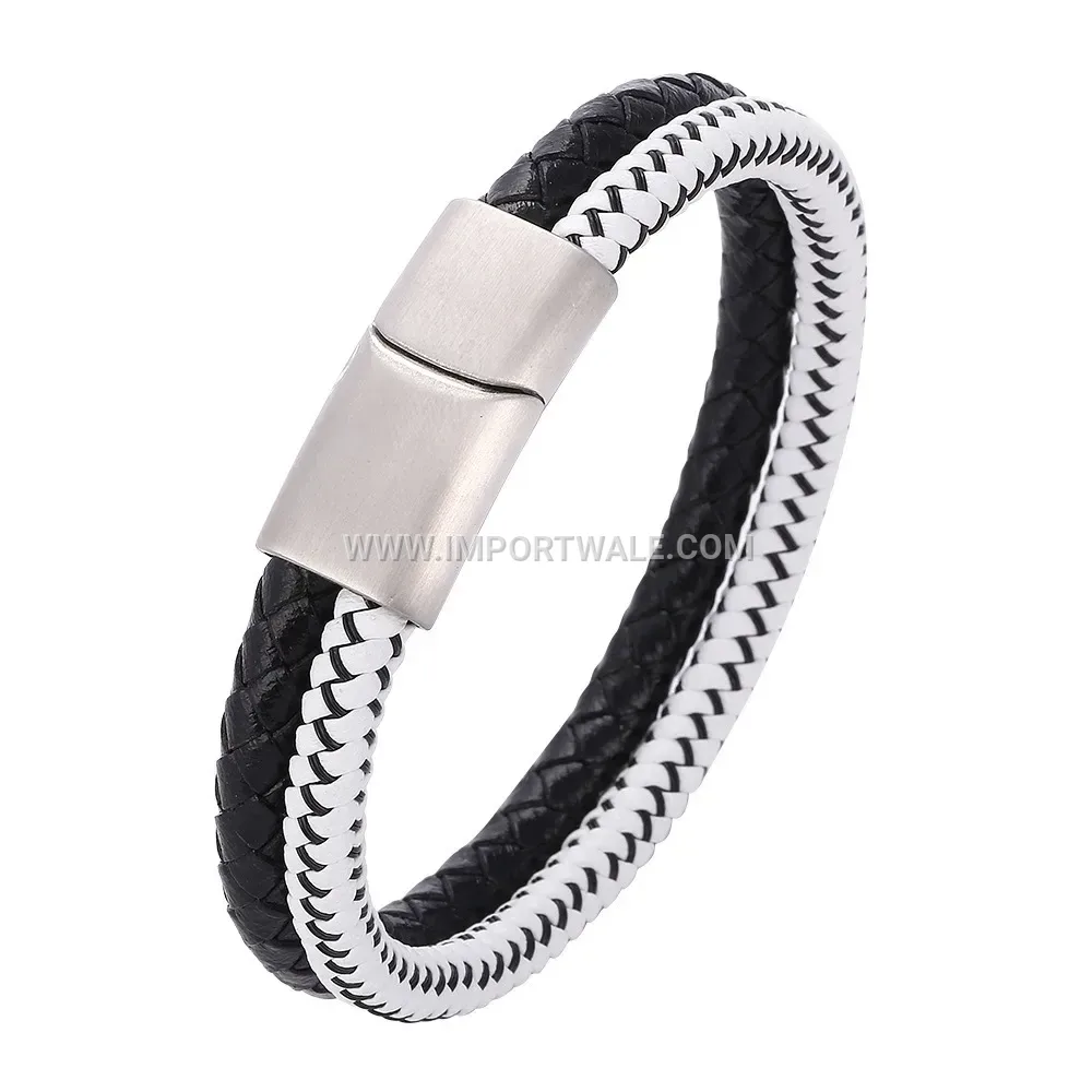 Braided Leather Stainless Steel Men Wristband with Magnetic Clasp