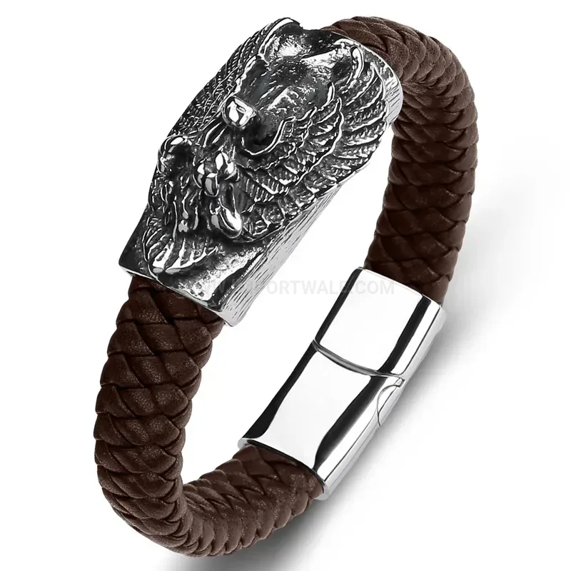 Trendy Beast King Stainless Steel and Leather Men Wristband Bracelet