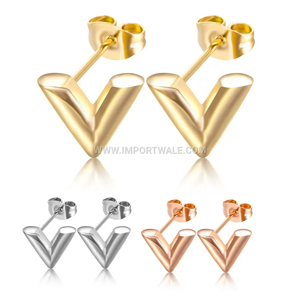 Stainless Steel V Letter Stud Earrings in Sleek Minimalist Style