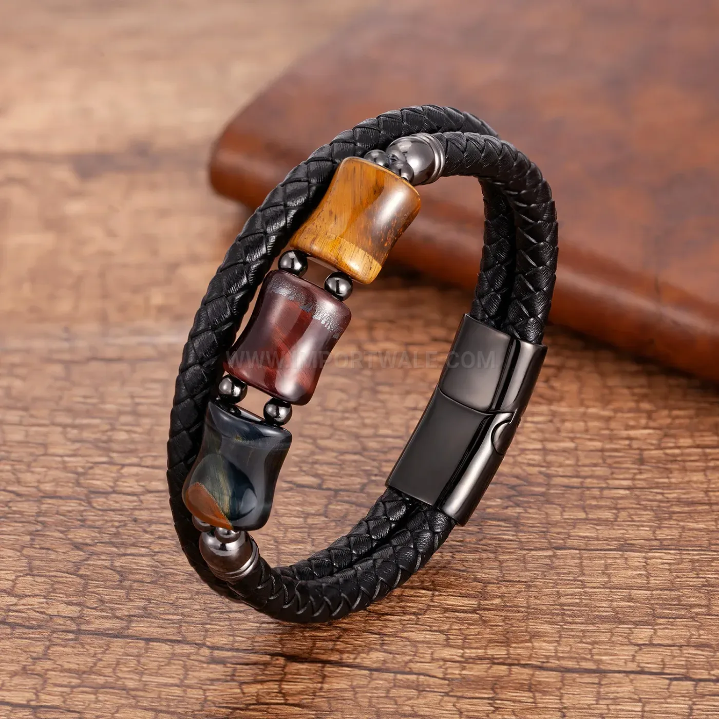 Bamboo Joint Stone Leather Cording Bracelet with Stainless Steel Clasp