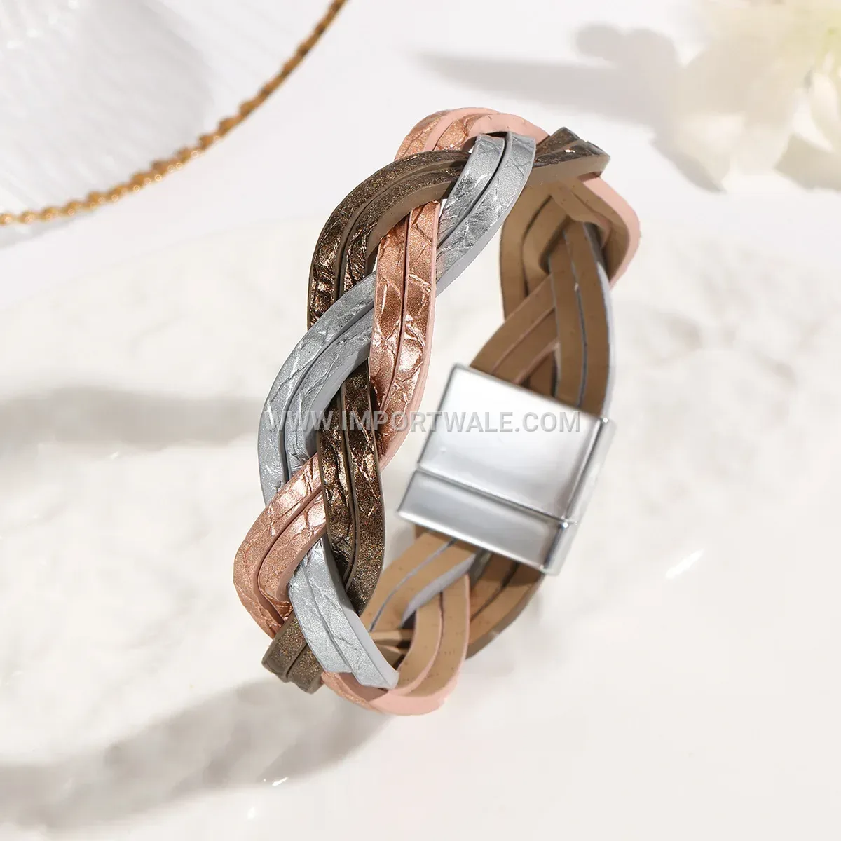 Braided Leather Mobius Ring Chain Cuff Bracelet