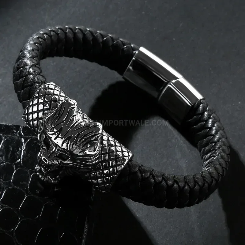 Stylish Liger King Stainless Steel and Multicolored Leather Men Bracelet