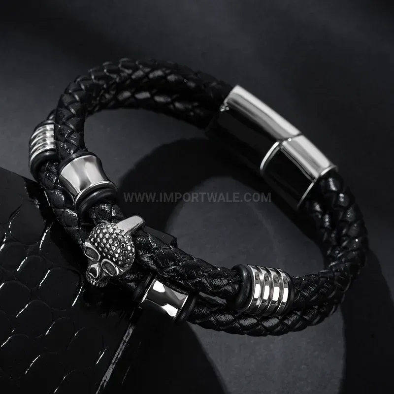Stylish Dual-Strand Leather Skull Bracelet with Stainless Steel Accents