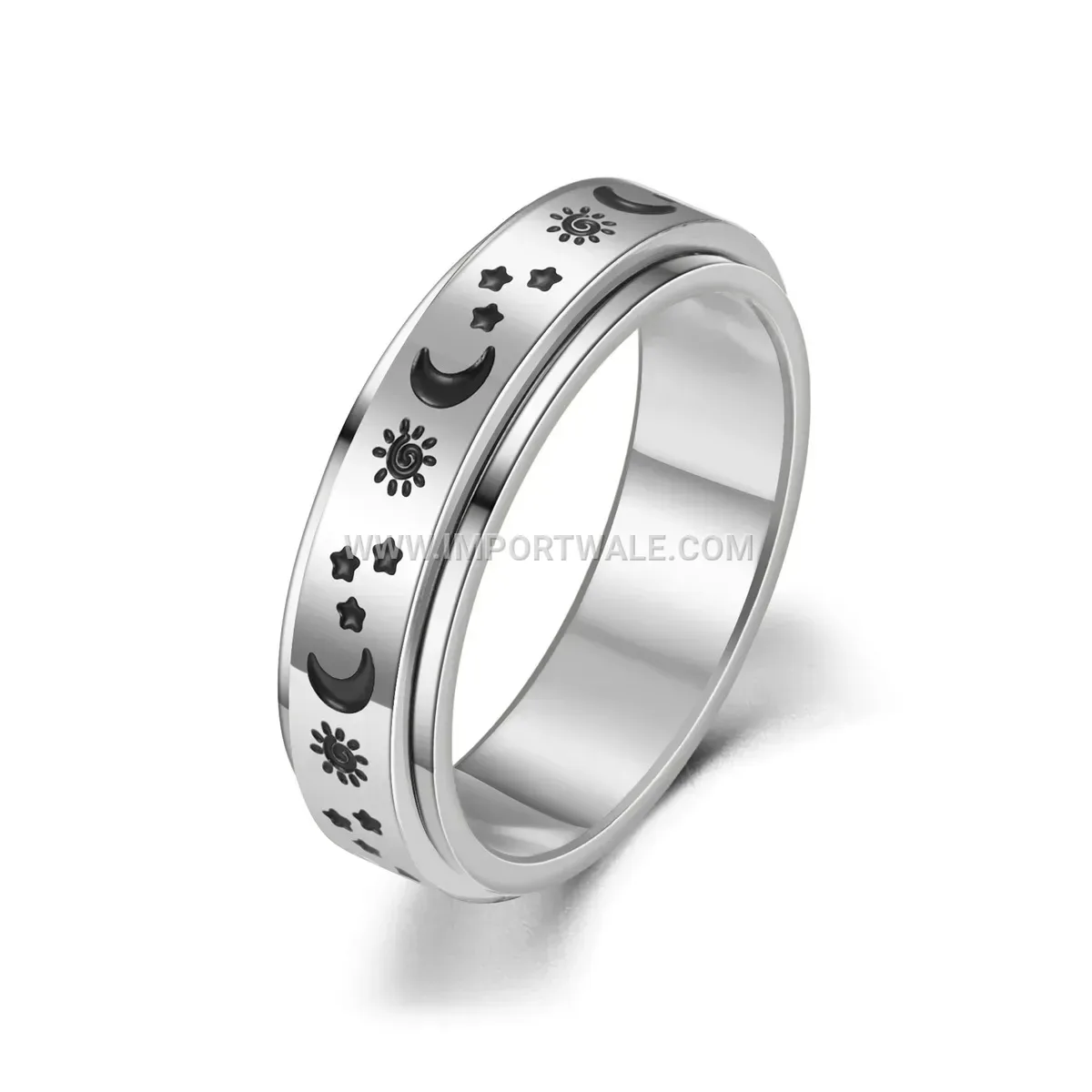 Celestial Sun Moon and Stars Engraved Stainless Steel Spinner Ring