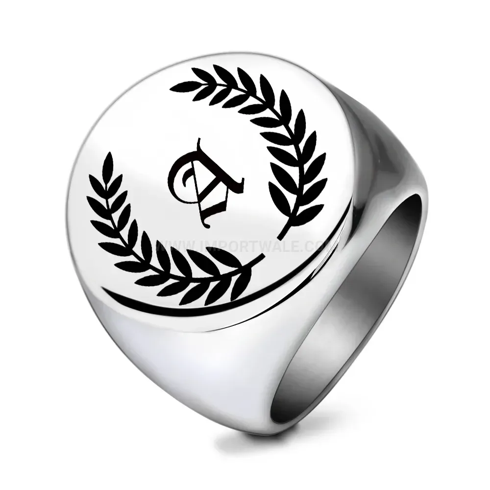 Stylish Engraved Alphabet Leaf Stainless Steel Signet Ring