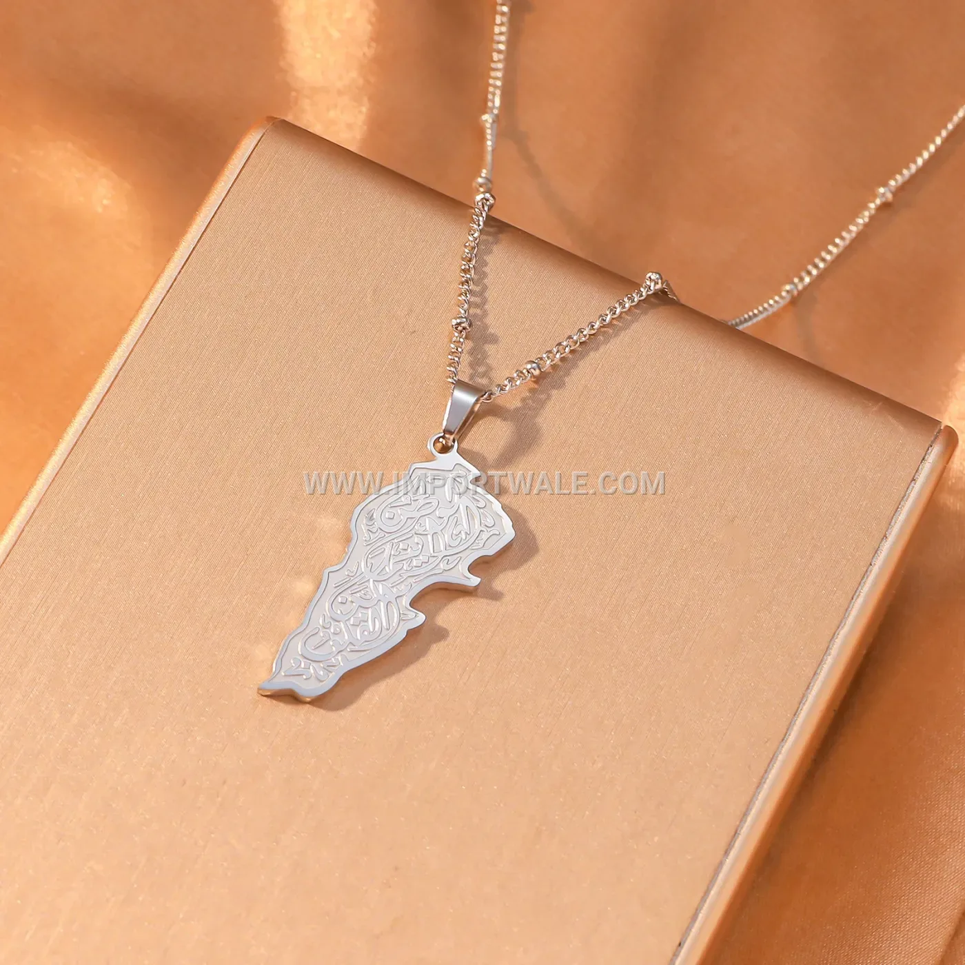 Stainless Steel Arabic Calligraphy Map Pendant Islamic Religious Necklace