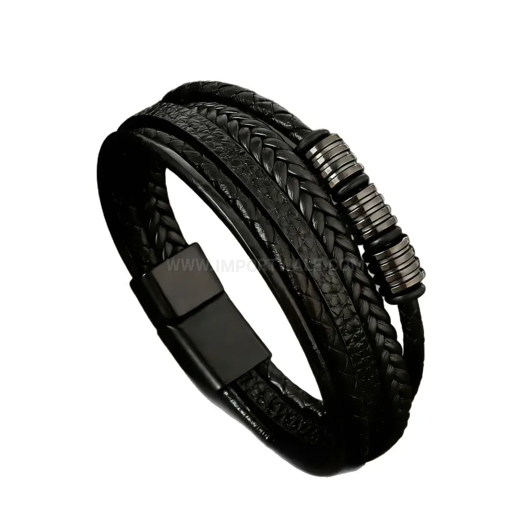 Trendy Multi Strand Braided Leather Metal Bead Bracelet with Magnetic Clasp