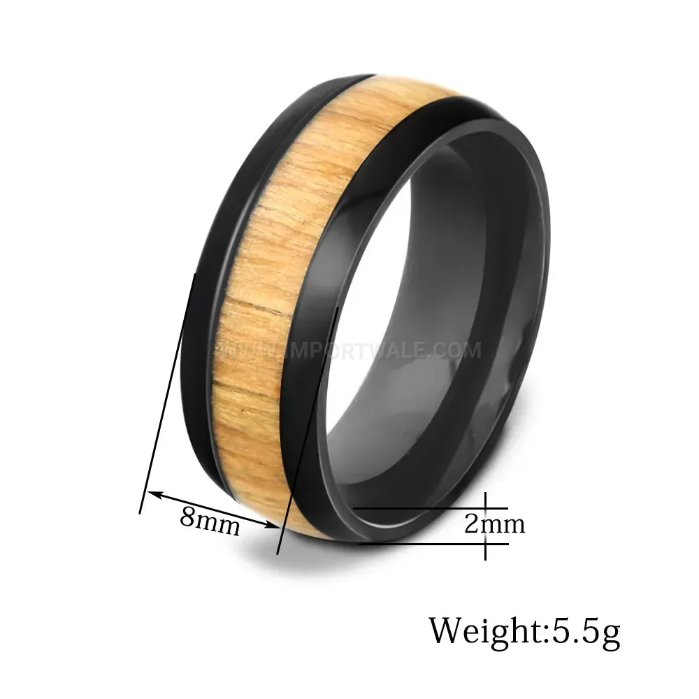Elegant Minimalist Wood Grain Inlay Stainless Steel Band Ring