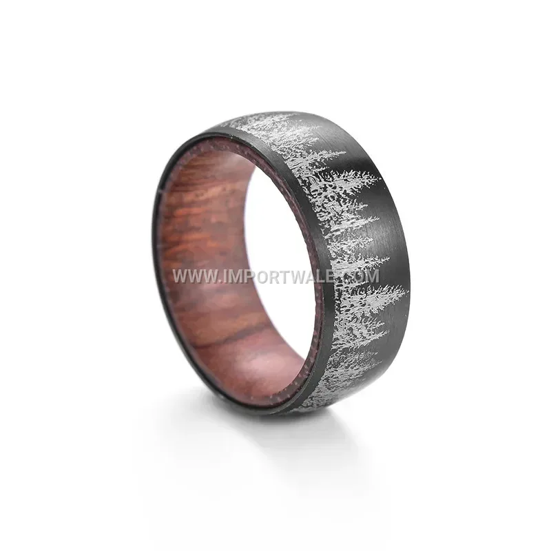 Laser Etched Wolf Stainless Steel Ring With Wood Inlay