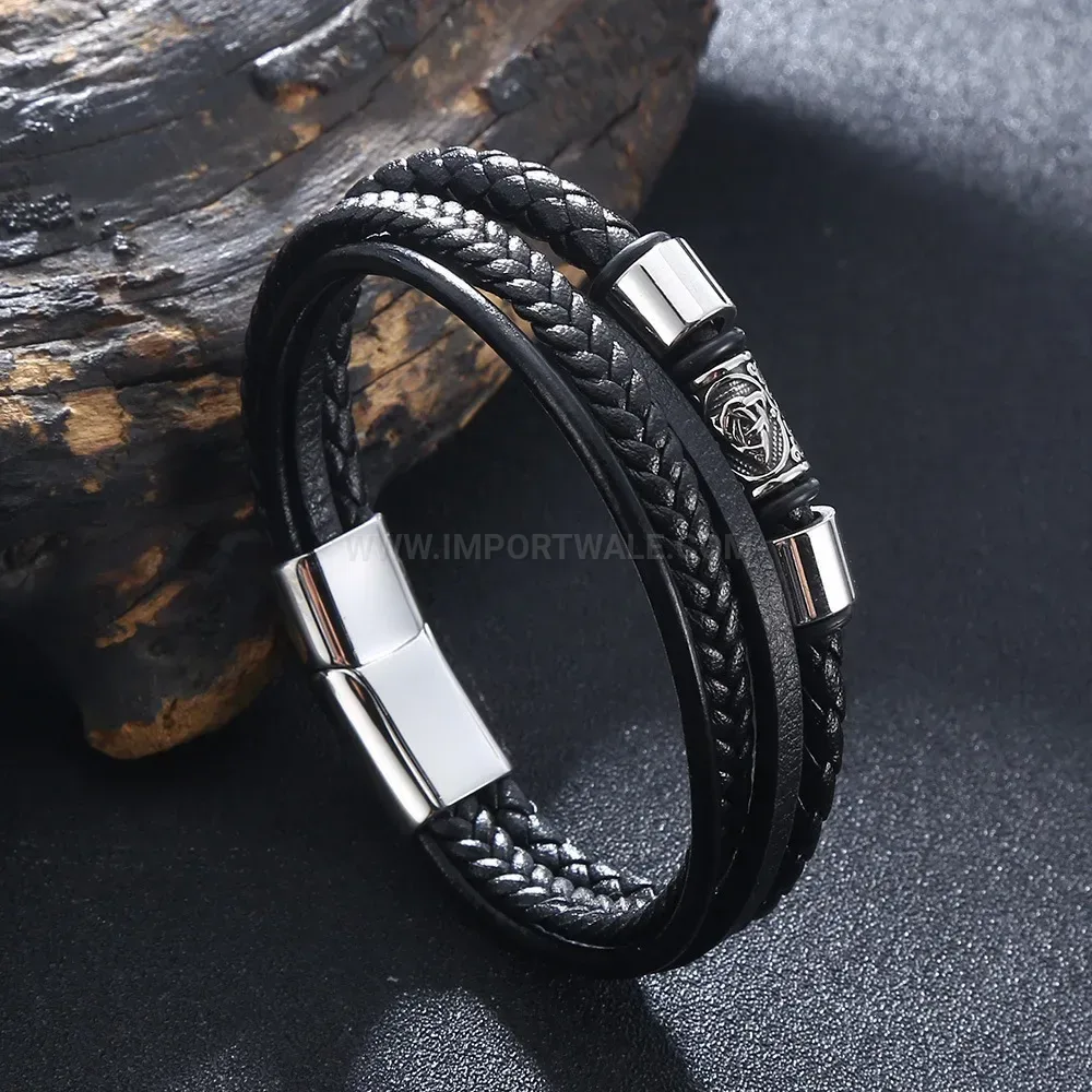 Minimalist Multi-Layer Woven Leather Stainless Steel Magnetic Clasp Bracelet