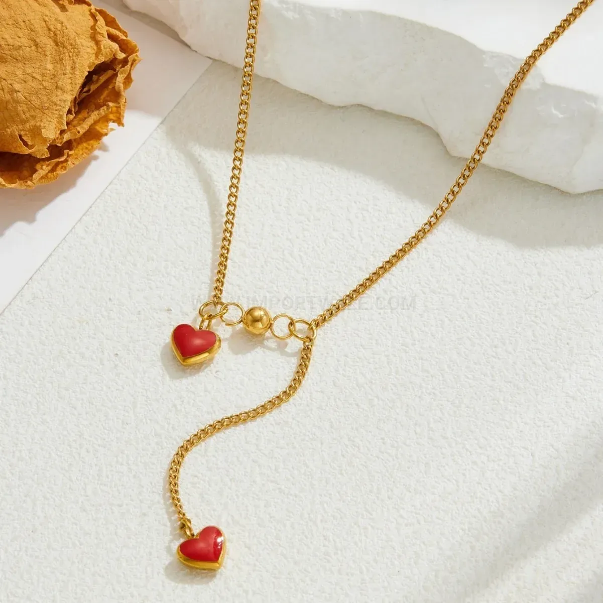 Fashion Gold Plated Stainless Steel Red Heart Zircon Collar Necklace