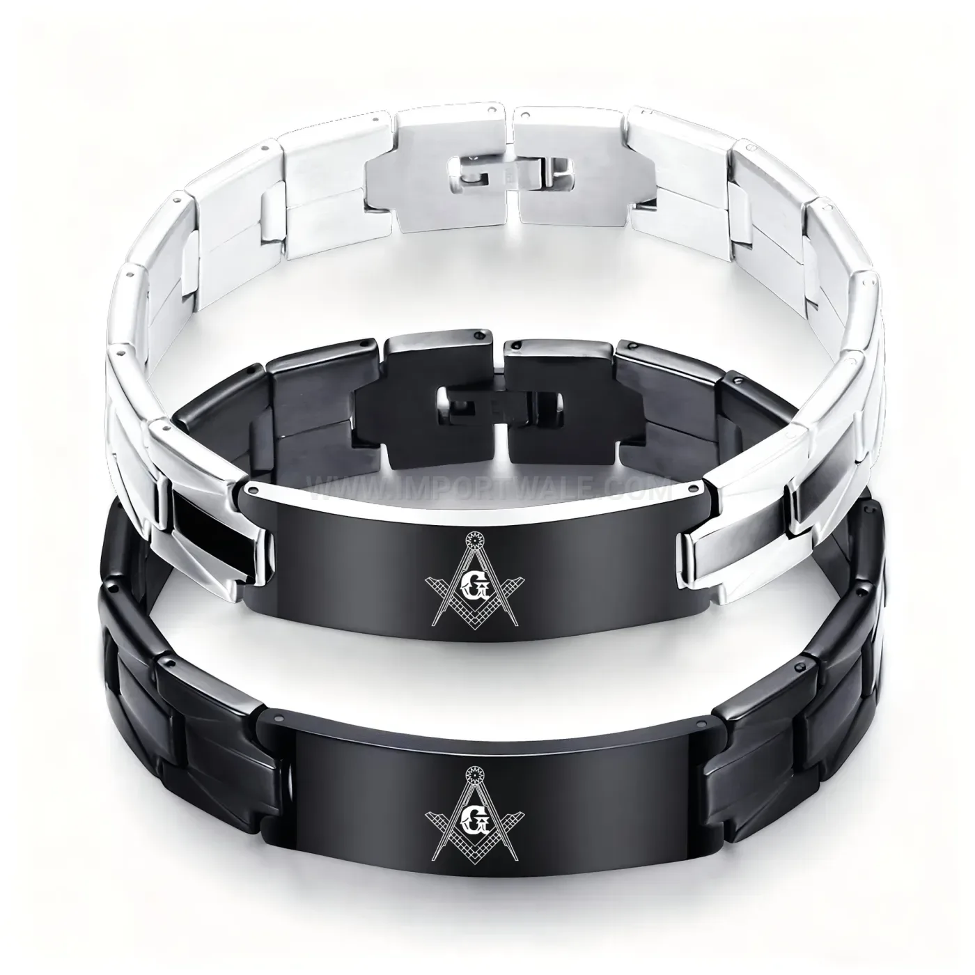 Sleek 9mm Stainless Steel Geometric Freemason Plate Bracelet