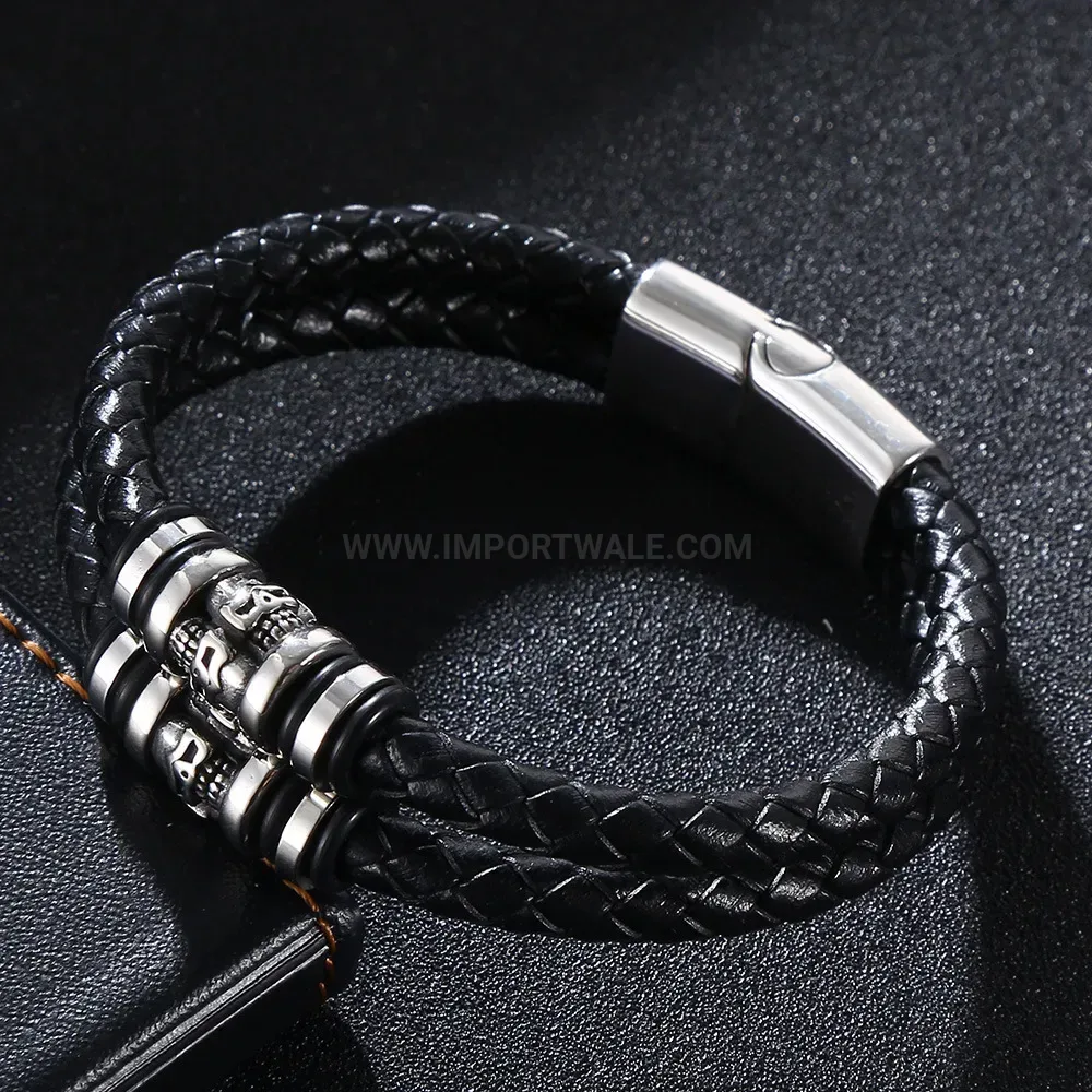 Punk Skull Multi Layer Braided Leather Stainless Steel Bracelet