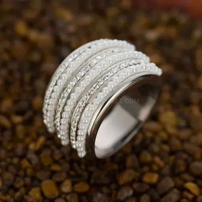 Elegant Pearl and Rhinestone Stainless Steel Accent Ring