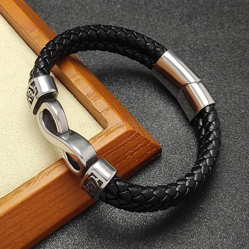 Bold Infinity Symbol Stainless Steel Leather Braided Men Wristband