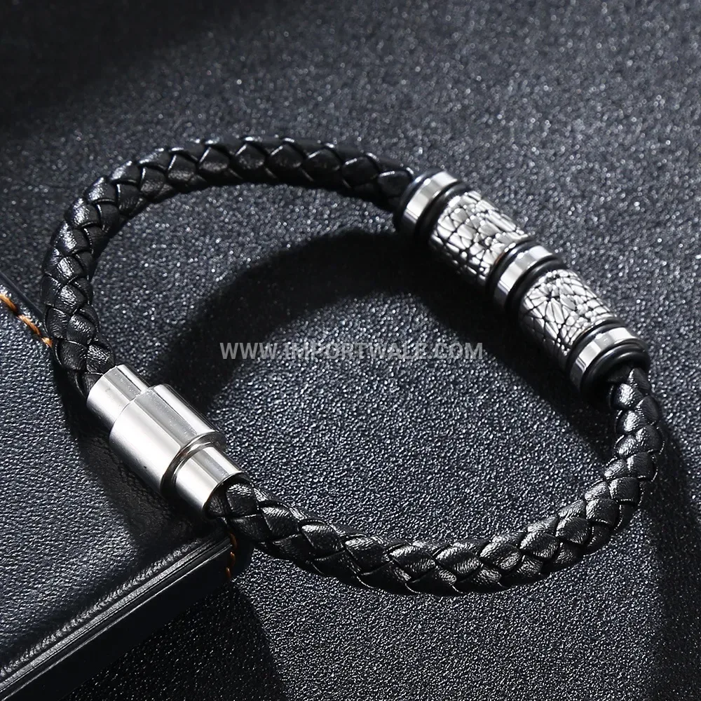 Beaded Braided Leather Wristband with Stainless Steel Accents