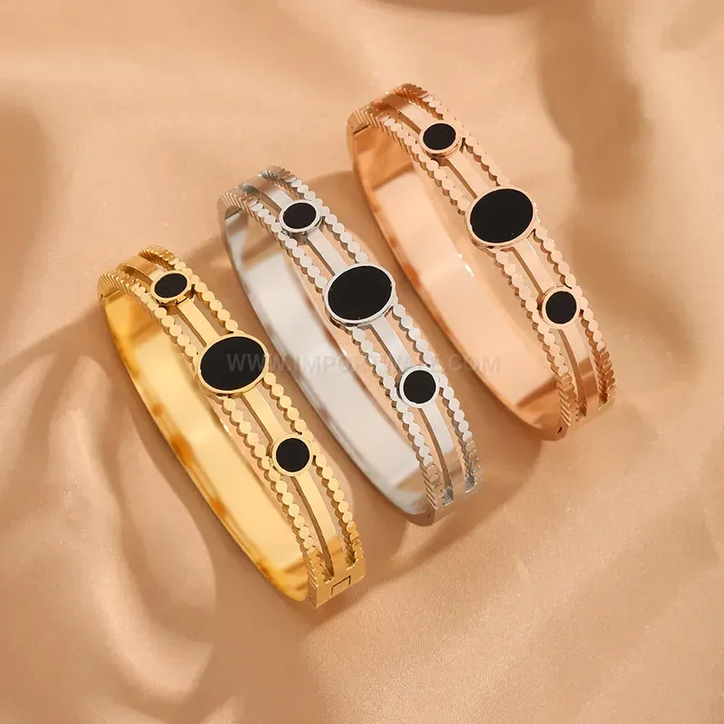 Hollow Polka Dot Black Shell Titanium Steel Bangle