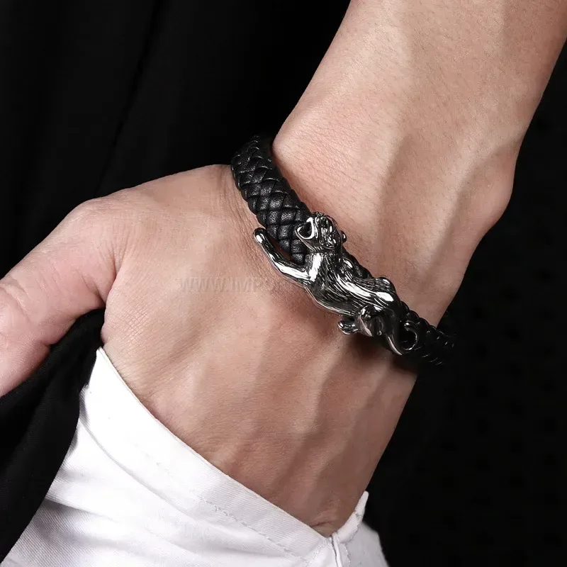 Premium Handcrafted Leopard Stainless Steel and Braided Leather Unisex Bracelet