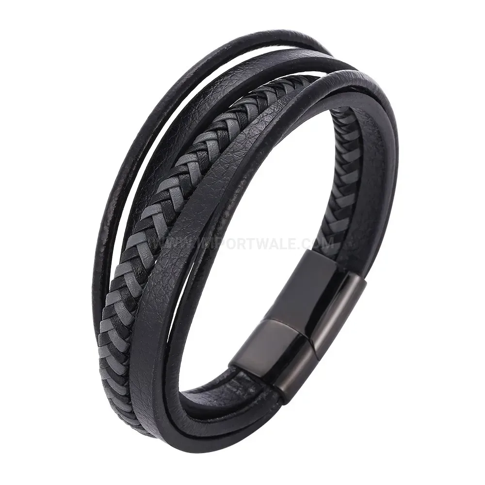 Braided Black Leather Multi Strand Bracelet with Black Magnetic Clasp