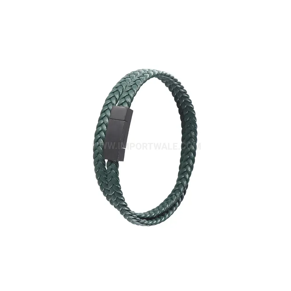 Double Wrap Braided Leather Bracelet with Black Stainless Steel