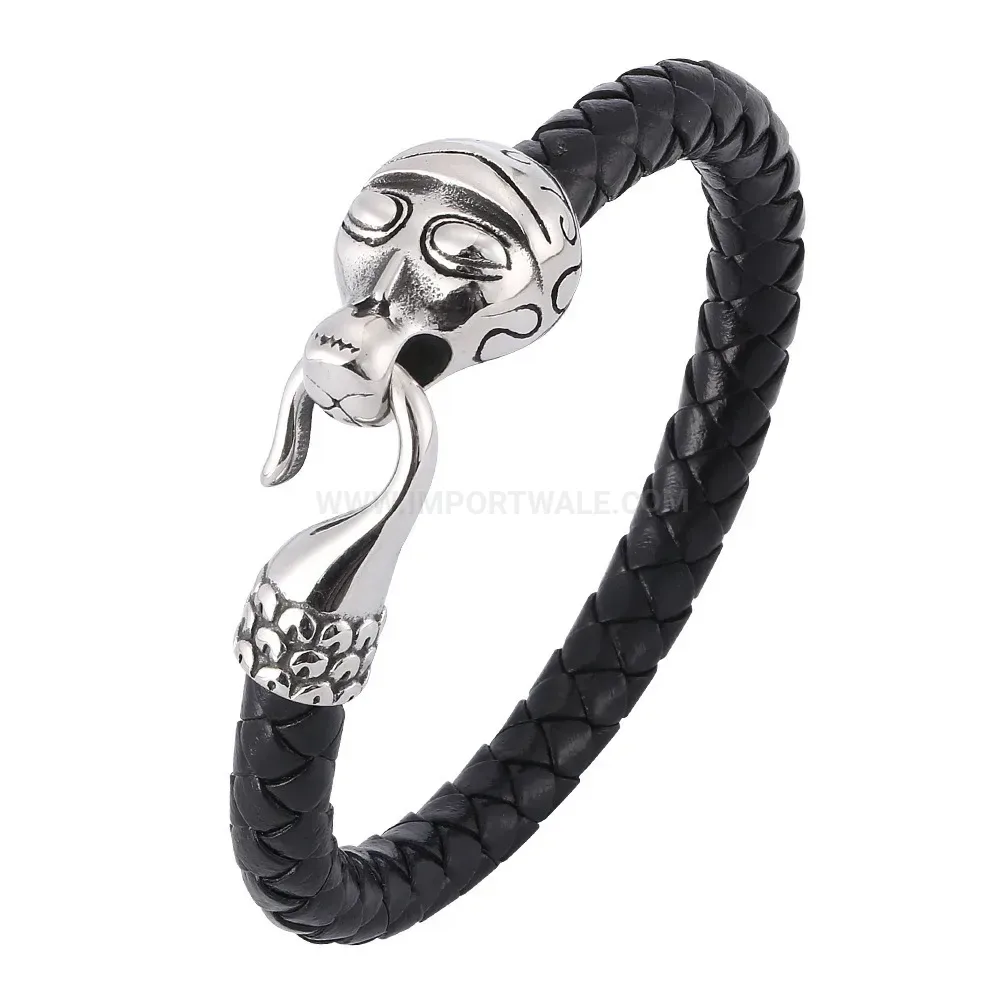 Bold Men's Stainless Steel Snake Clasp Woven Leather Bracelet