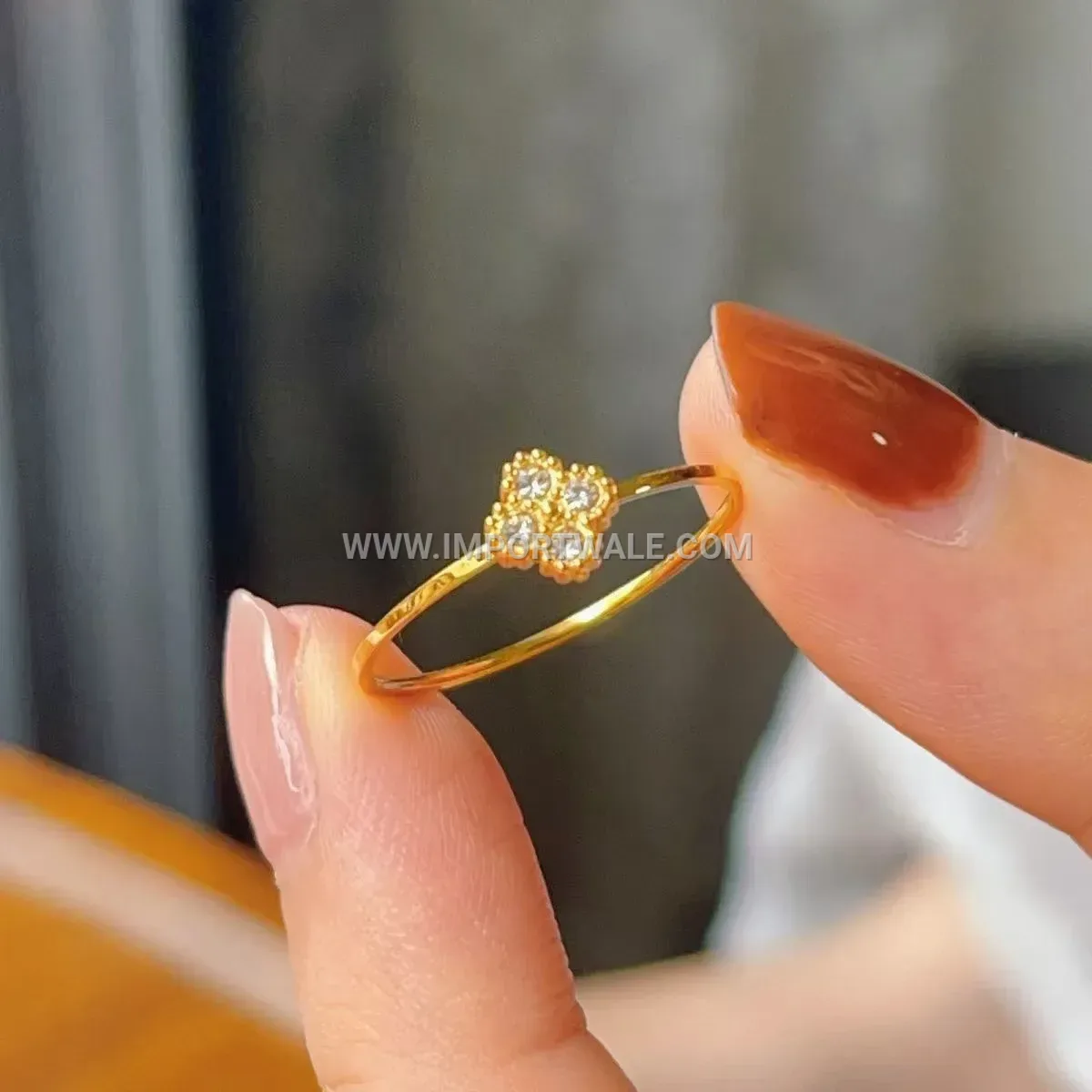 Gold-Plated Stainless Steel Four-Leaf Clover Ring with Cubic Zirconia Accent